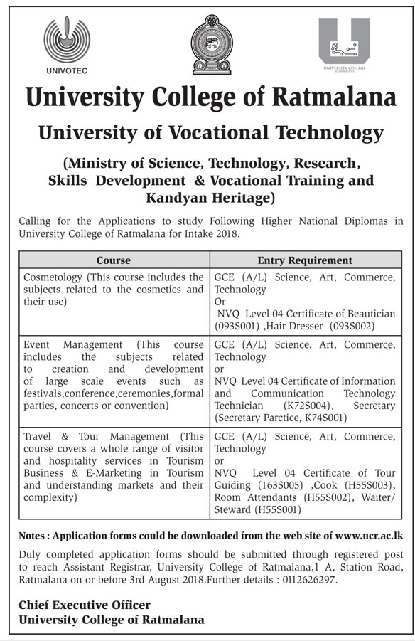 Cosmetology, Event Management, Travel & Tour Management Course - University College of Ratmalana - University of Vocational Technology